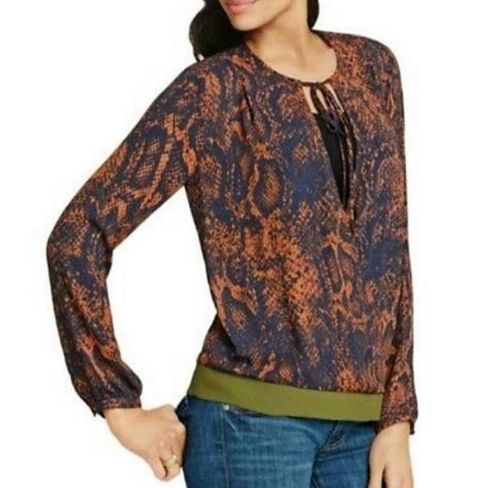 CAbi Snakeskin Blouse Blue Orange Pattern Green Fall Tunic Faux Wrap Top Medium